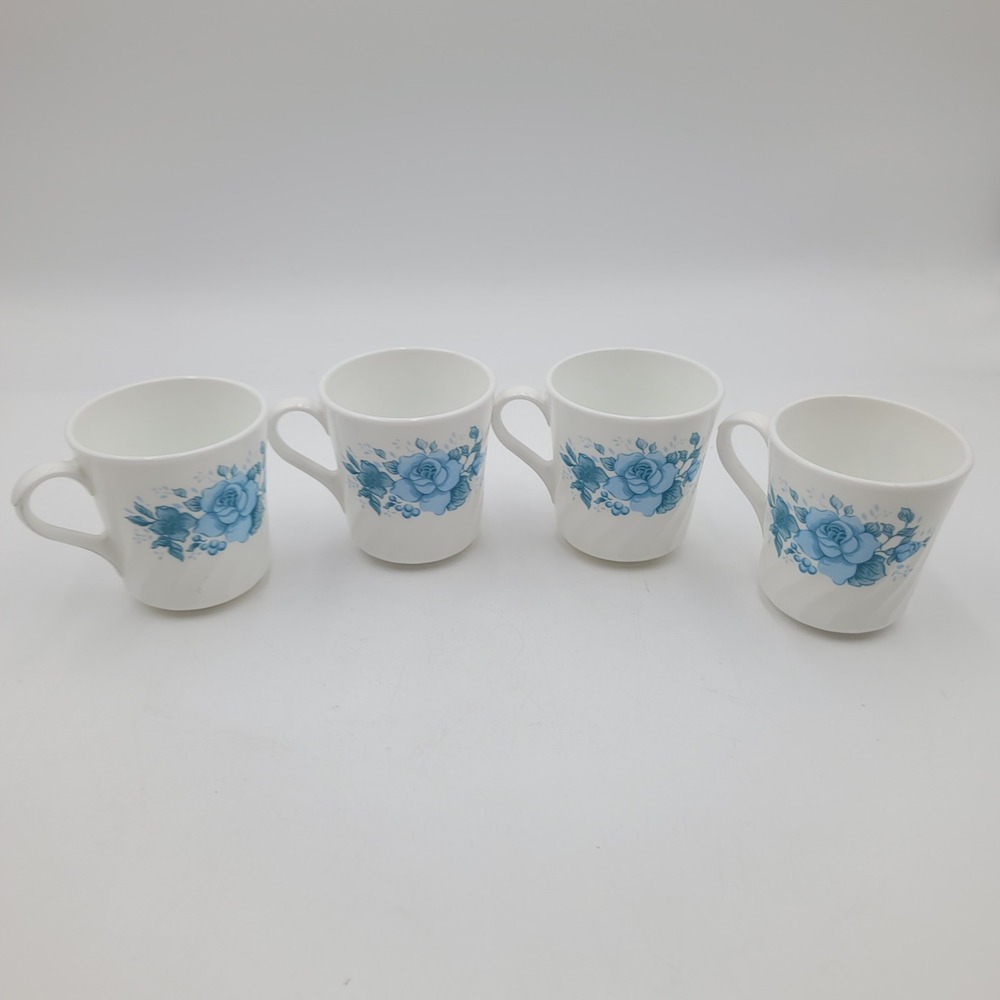 4pc Corelle Blue Velvet Rose Coffee Mugs Corning USA White Blue Floral